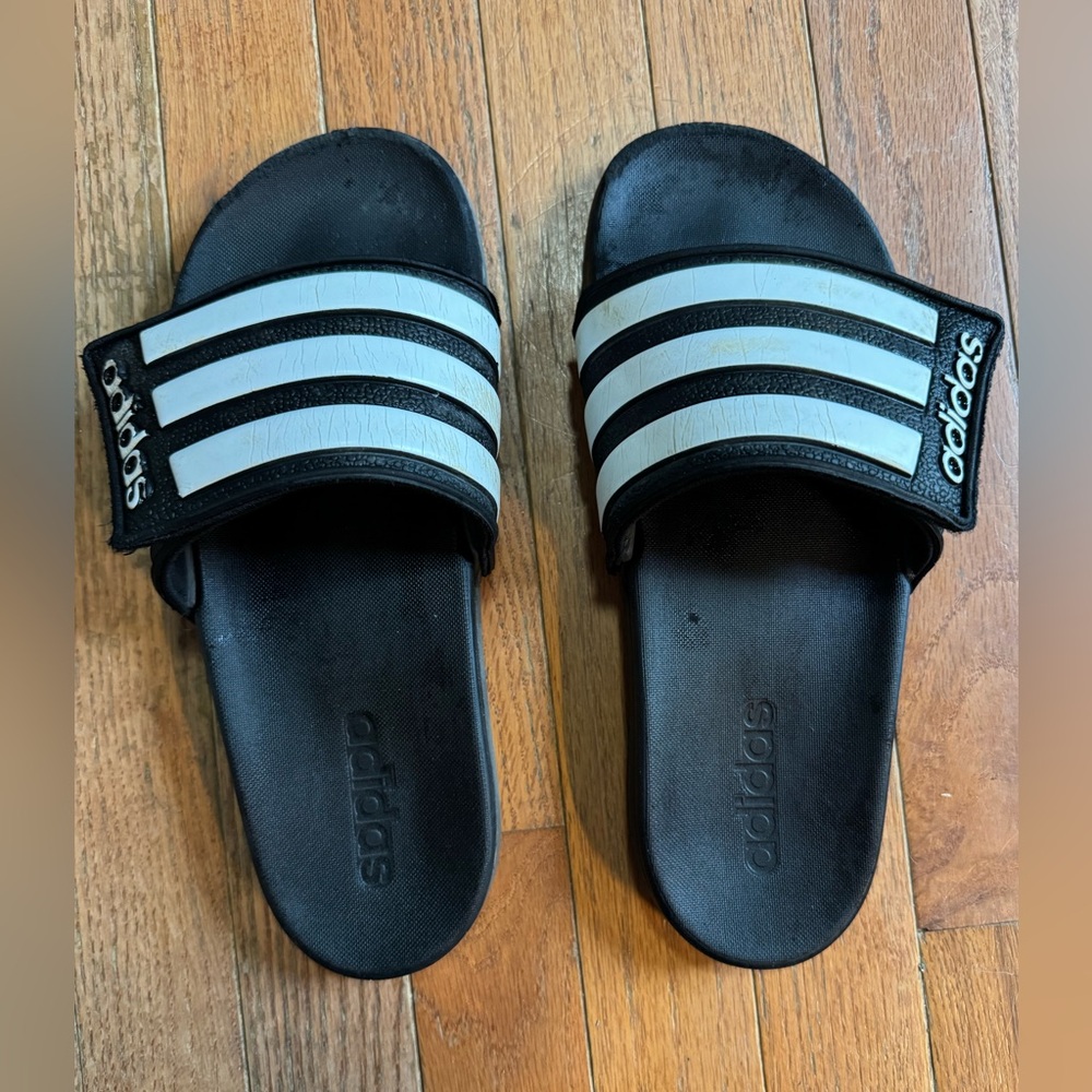 Adidas Adjustable Black and White Striped Slides